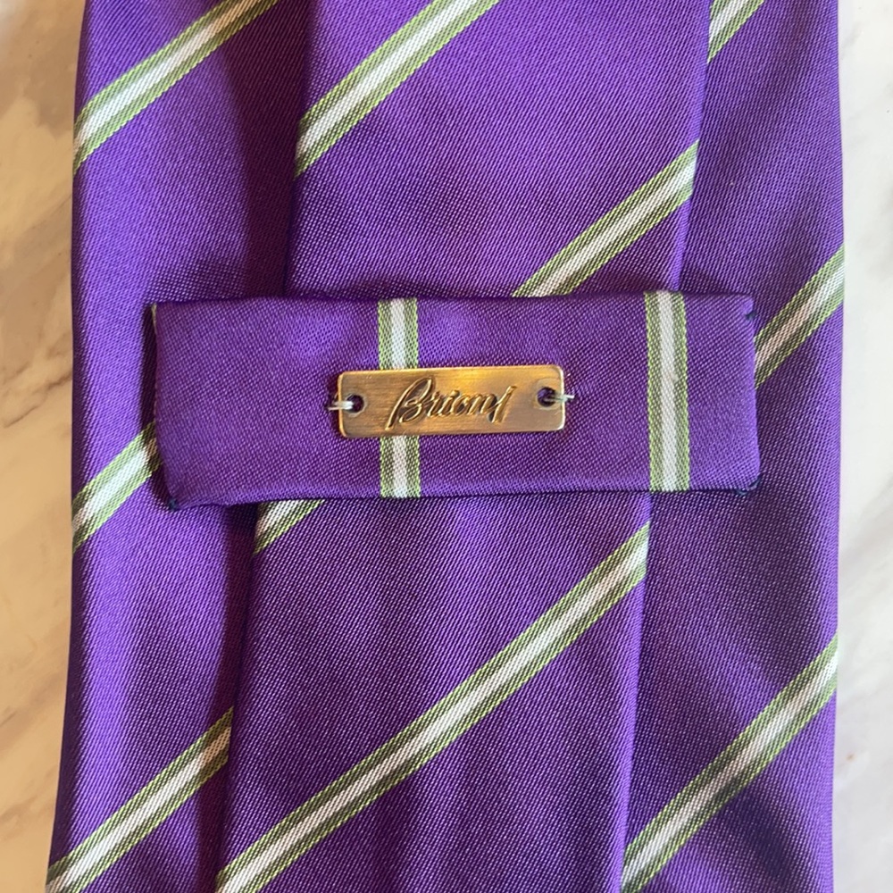 Brioni Silk Necktie - purple with green stripes